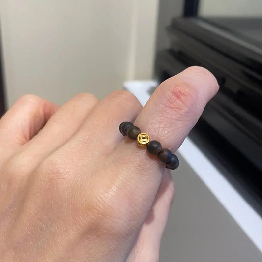 Original Handmade Natural Qinan Agarwood Small Rice Bead Ring Jade Gourd Zakiram Wealth Round Bead Ring Green