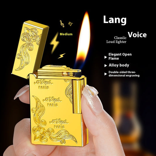 Inflatable lighter creative side-sliding grinding wheel retro male personality carving windproof thin flint air conditioner tide